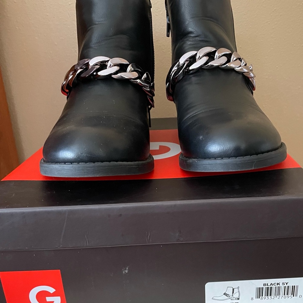 G by Guess Black Ankle Boots with Metallic Chain